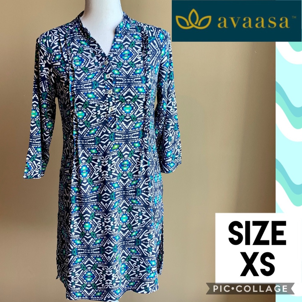 NWT AVAASA Womens Tunic Blue Navy Print Kurta Indian Dress 3/4 Sleeve Size XS